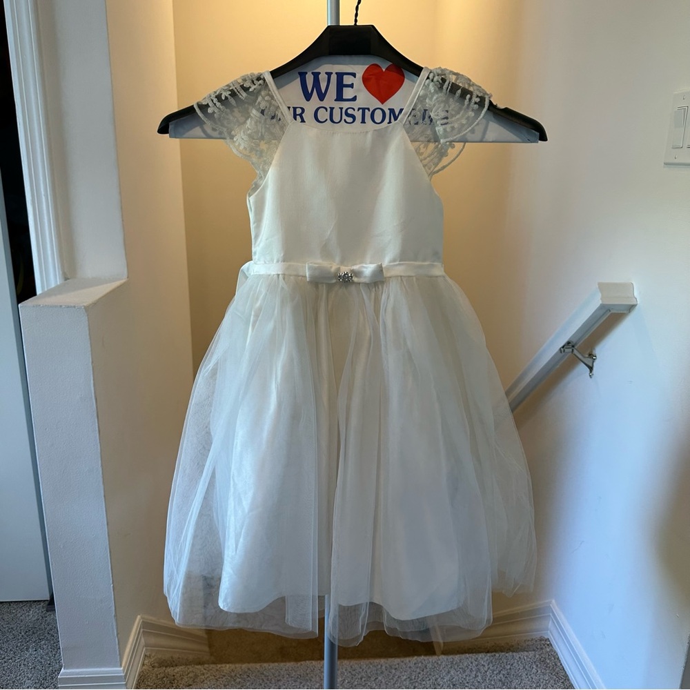 Biscotti Collezioni Flower Girl White Dress with Lace Shoulder Detail